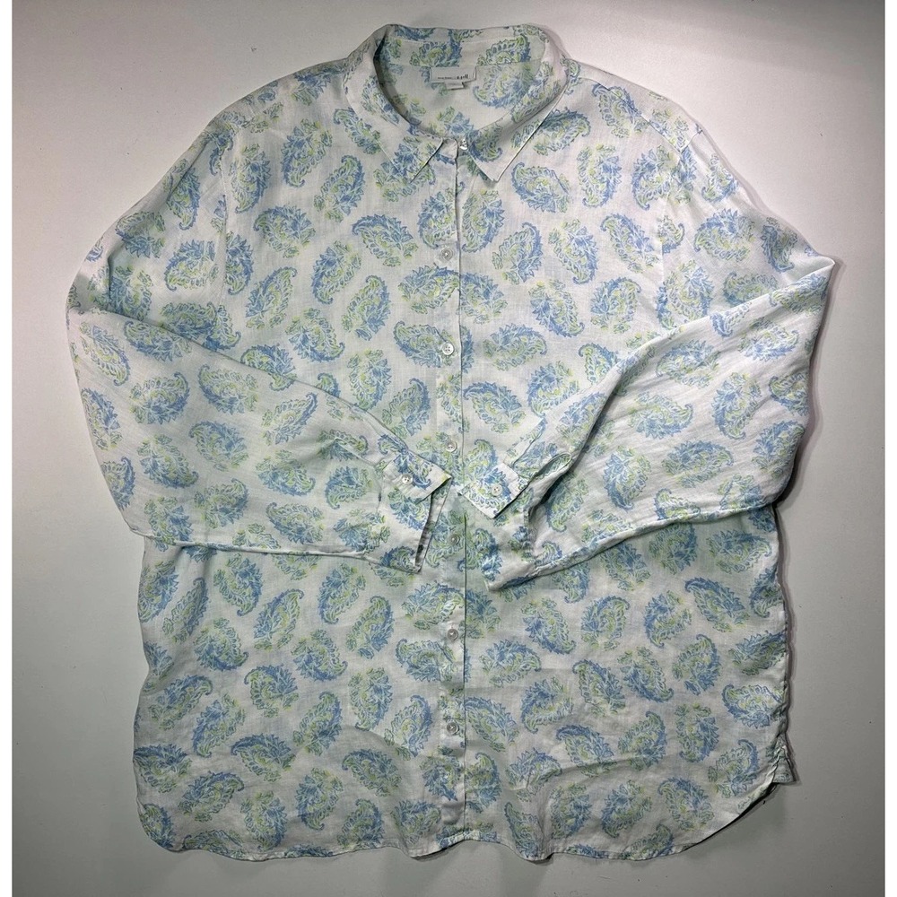 J Jill Love Linen Shirt Womens XL Blue Green Paisley Print Long Sleeve Button Up - Picture 3 of 8